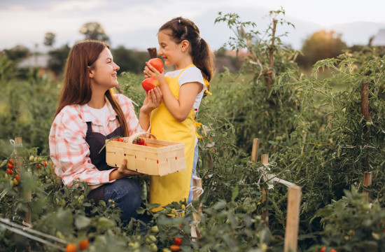 Jeune fille accompagnée d'une femme dans un champ qui cueille des fruits